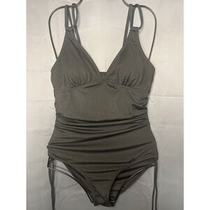 Womens Ribbed One Piece Swimsuit Dark Gray Ruched V-Neck Cutout Back Size S